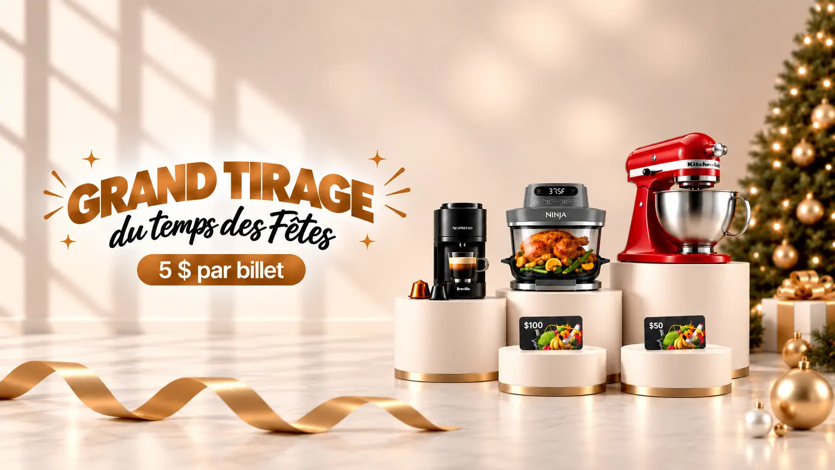 Grand Tirage du temps des Fêtes 2026 de la Maison de répit La Ressource – prix comprenant un batteur KitchenAid, un appareil Ninja, une machine Nespresso et des cartes-cadeaux.